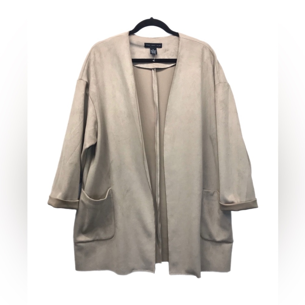 Joan Vass Women Jacket Long Open Nude Faux‎ Suede Cardigan Cover Tan Size XL
